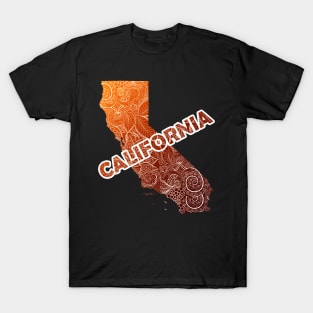 Colorful mandala art map of California with text in brown and orange T-Shirt